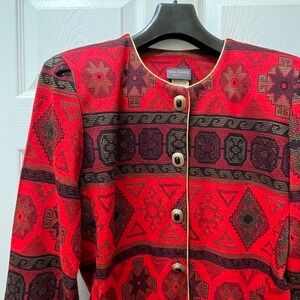 Vintage Tina Barrie Womens Sz 14 Black/Red/Gold Button 3/4 Sleeve Cropped Jacket